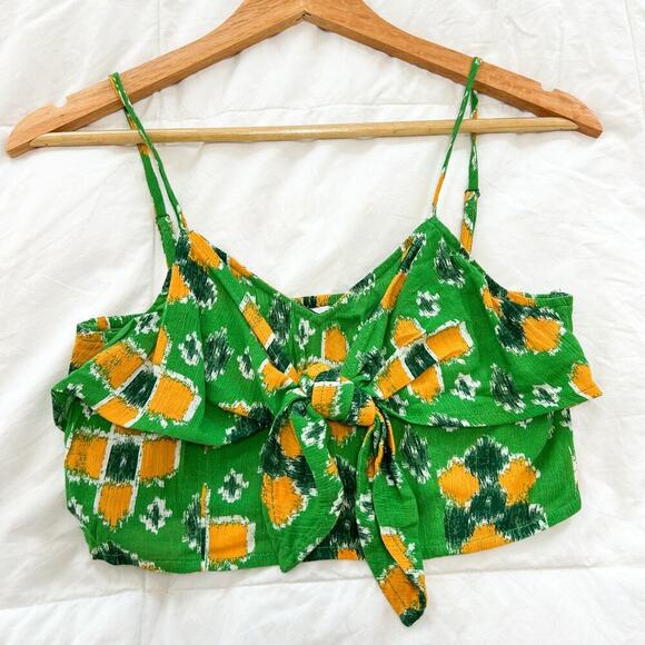 NWT Aerie Green Yellow Tie Front Crop Top Smocked Back Size Small - Picture 2 of 5